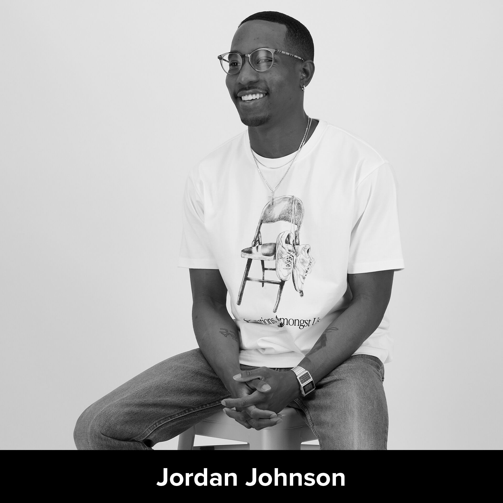 Black and white image of Jordan Johnson, Associate Product Manager, New Balance Global Collabs/Energy